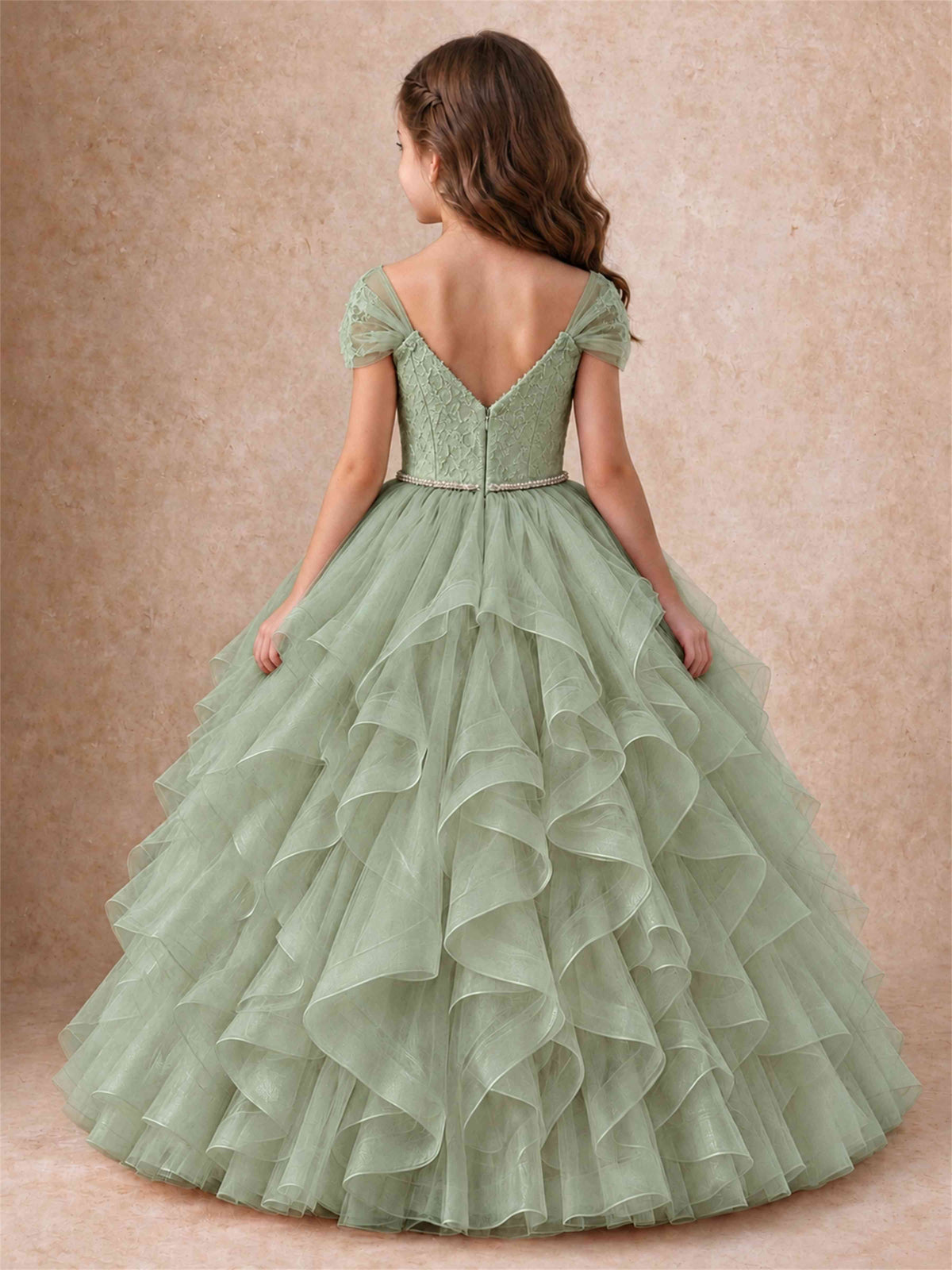 Off Shoulder Ruffle Tulle Girls Pageant Dress Lace Bodice Princess Gown With Pearl Belt