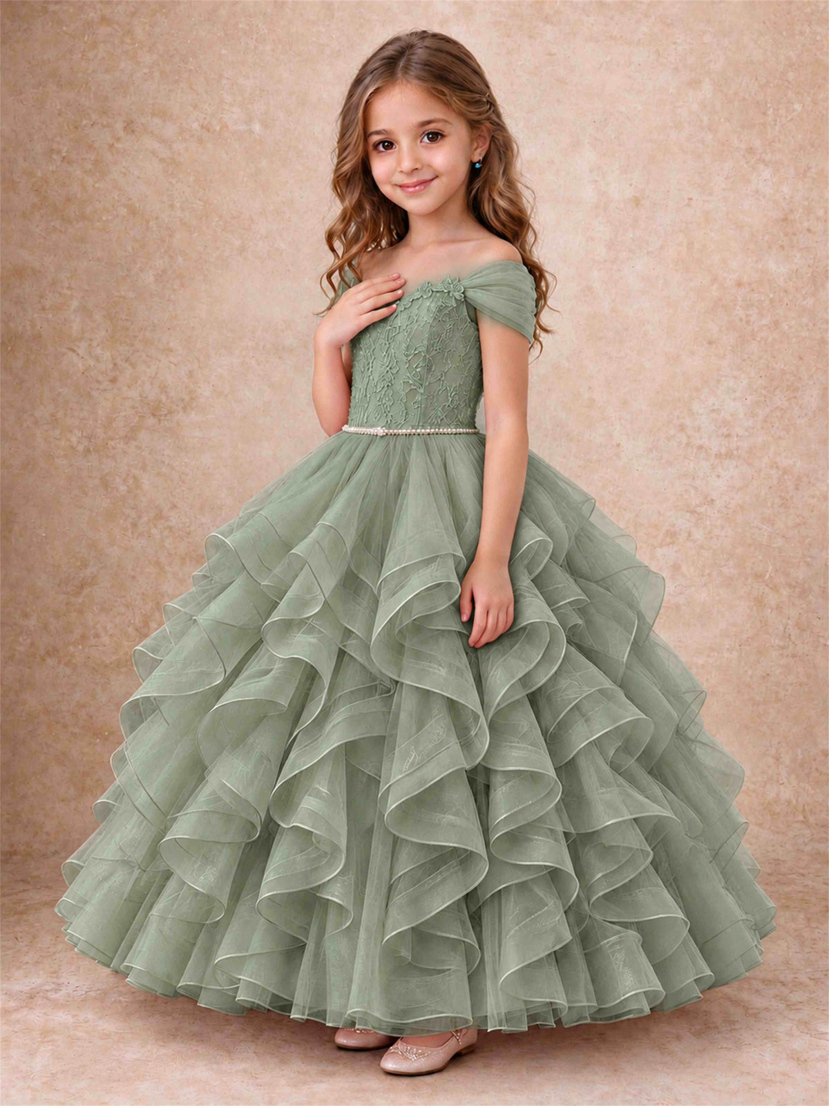 Off Shoulder Ruffle Tulle Girls Pageant Dress Lace Bodice Princess Gown With Pearl Belt