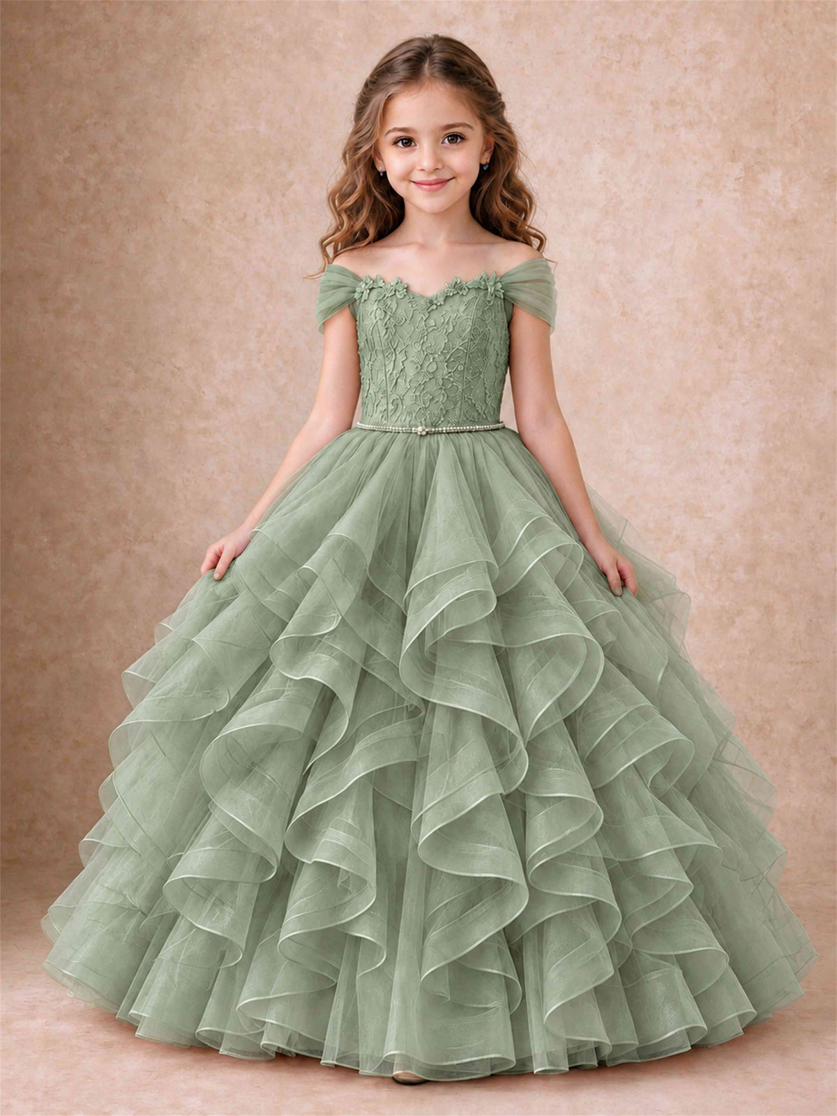 Off Shoulder Ruffle Tulle Girls Pageant Dress Lace Bodice Princess Gown With Pearl Belt