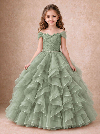 Off Shoulder Ruffle Tulle Girls Pageant Dress Lace Bodice Princess Gown With Pearl Belt