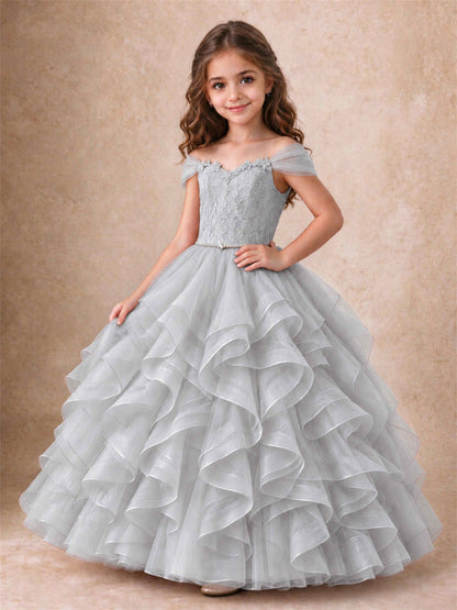 Off Shoulder Ruffle Tulle Girls Pageant Dress Lace Bodice Princess Gown With Pearl Belt