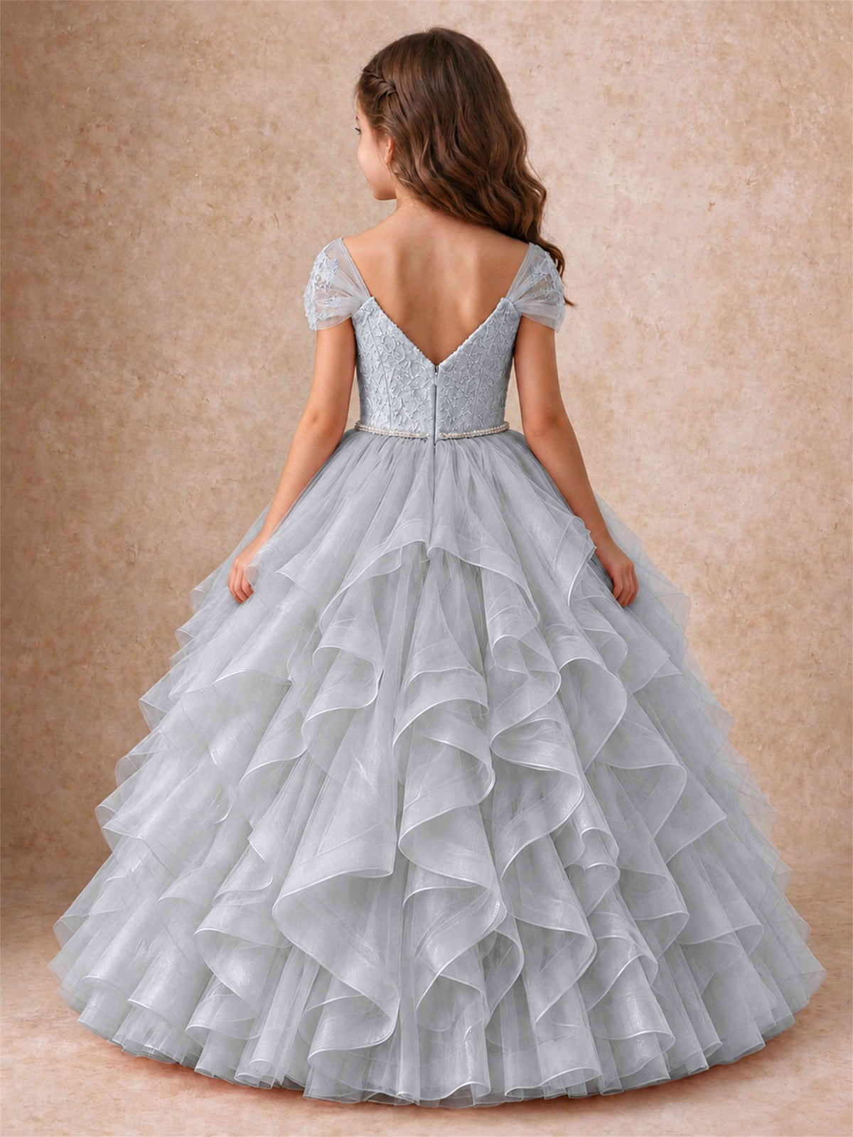 Off Shoulder Ruffle Tulle Girls Pageant Dress Lace Bodice Princess Gown With Pearl Belt