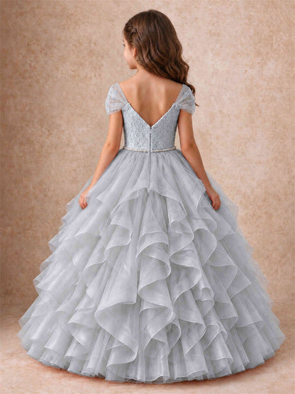 Off Shoulder Ruffle Tulle Girls Pageant Dress Lace Bodice Princess Gown With Pearl Belt