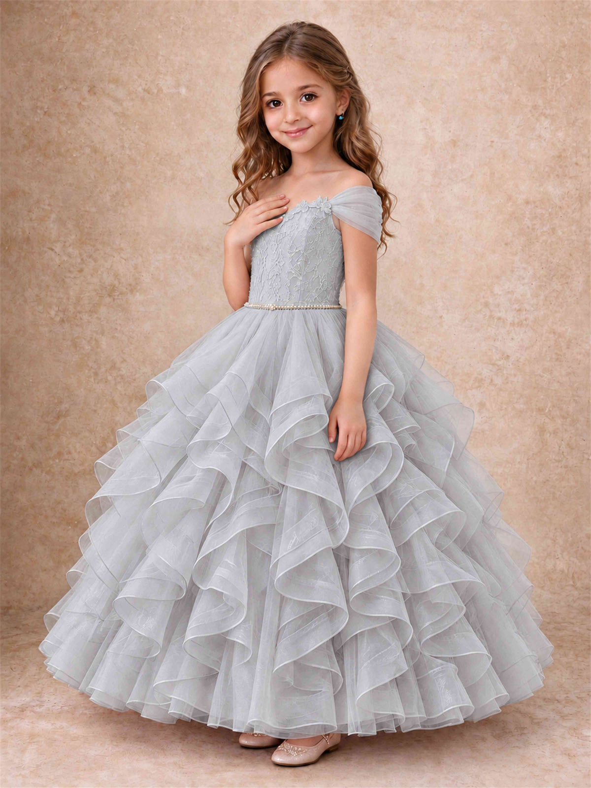 Off Shoulder Ruffle Tulle Girls Pageant Dress Lace Bodice Princess Gown With Pearl Belt