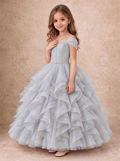 Off Shoulder Ruffle Tulle Girls Pageant Dress Lace Bodice Princess Gown With Pearl Belt
