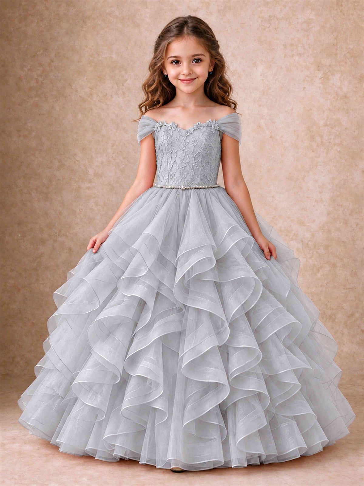 Off Shoulder Ruffle Tulle Girls Pageant Dress Lace Bodice Princess Gown With Pearl Belt