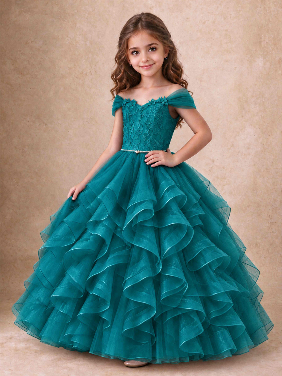 Off Shoulder Ruffle Tulle Girls Pageant Dress Lace Bodice Princess Gown With Pearl Belt