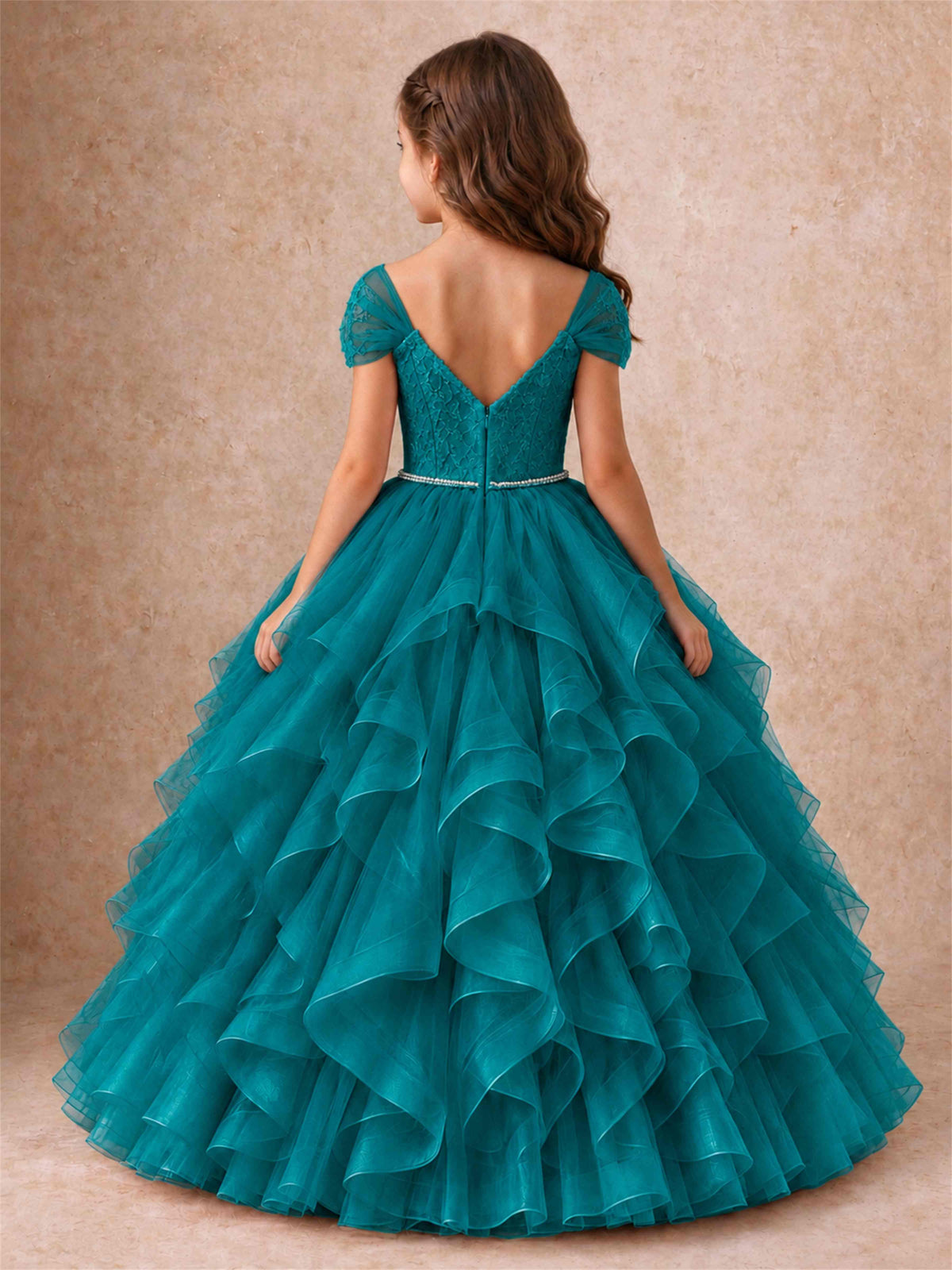 Off Shoulder Ruffle Tulle Girls Pageant Dress Lace Bodice Princess Gown With Pearl Belt