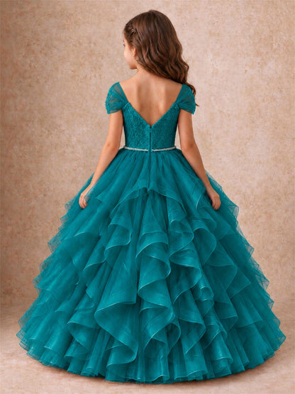 Off Shoulder Ruffle Tulle Girls Pageant Dress Lace Bodice Princess Gown With Pearl Belt