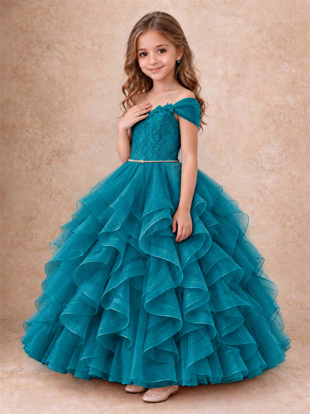 Off Shoulder Ruffle Tulle Girls Pageant Dress Lace Bodice Princess Gown With Pearl Belt