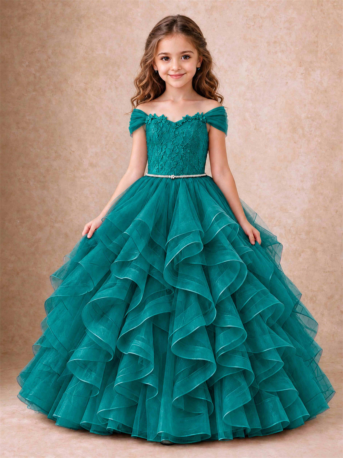Off Shoulder Ruffle Tulle Girls Pageant Dress Lace Bodice Princess Gown With Pearl Belt