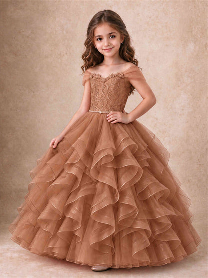 Off Shoulder Ruffle Tulle Girls Pageant Dress Lace Bodice Princess Gown With Pearl Belt
