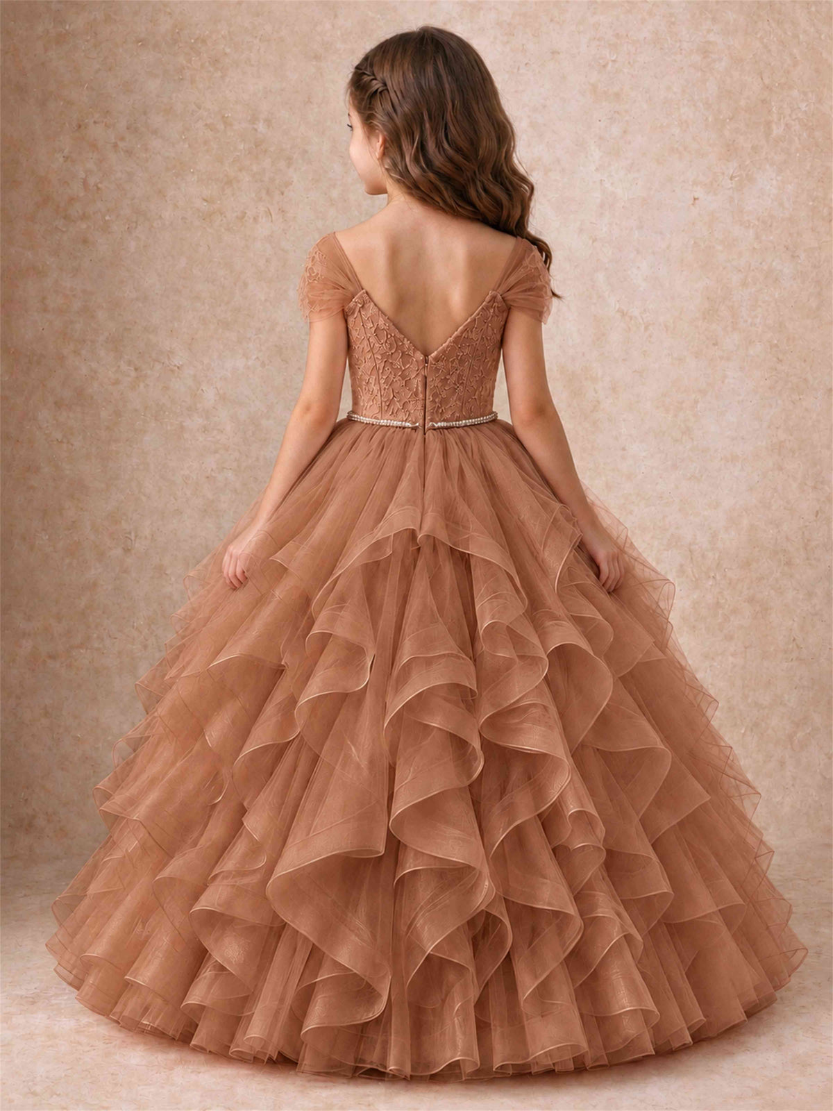 Off Shoulder Ruffle Tulle Girls Pageant Dress Lace Bodice Princess Gown With Pearl Belt