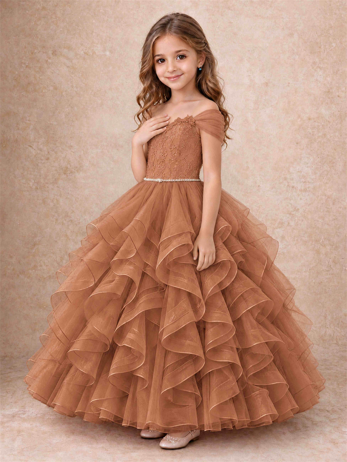 Off Shoulder Ruffle Tulle Girls Pageant Dress Lace Bodice Princess Gown With Pearl Belt