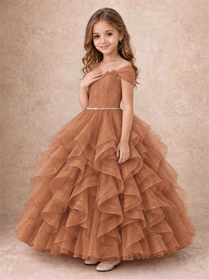 Off Shoulder Ruffle Tulle Girls Pageant Dress Lace Bodice Princess Gown With Pearl Belt