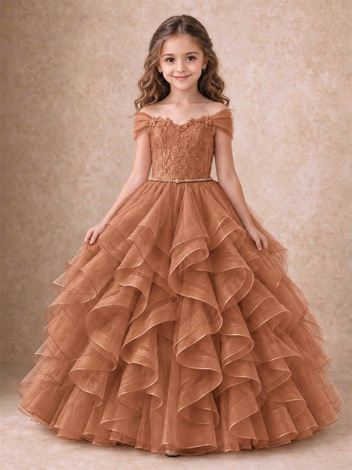 Off Shoulder Ruffle Tulle Girls Pageant Dress Lace Bodice Princess Gown With Pearl Belt