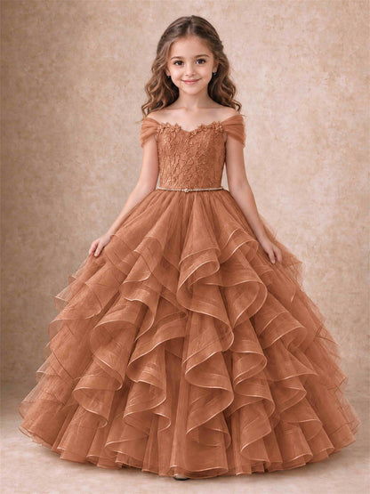 Off Shoulder Ruffle Tulle Girls Pageant Dress Lace Bodice Princess Gown With Pearl Belt