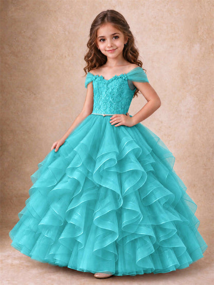 Off Shoulder Ruffle Tulle Girls Pageant Dress Lace Bodice Princess Gown With Pearl Belt