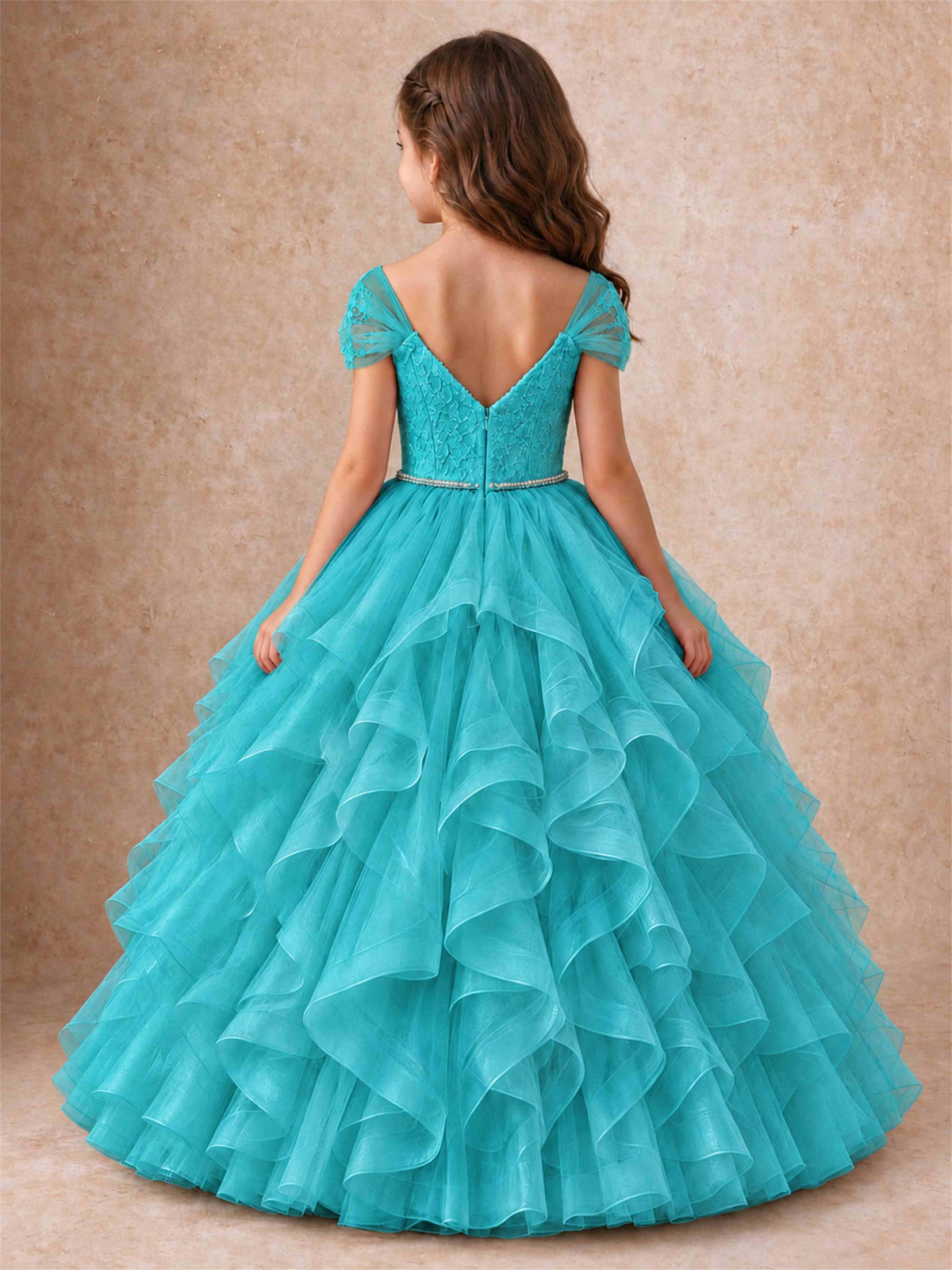 Off Shoulder Ruffle Tulle Girls Pageant Dress Lace Bodice Princess Gown With Pearl Belt