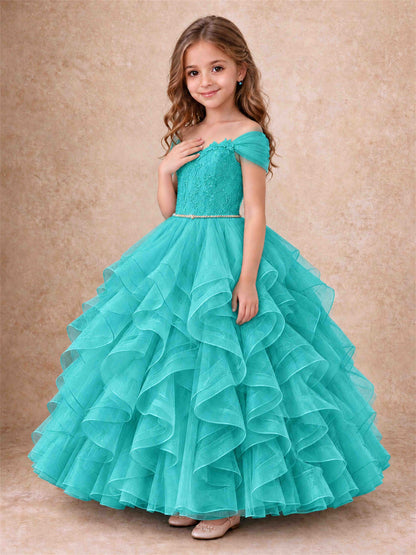Off Shoulder Ruffle Tulle Girls Pageant Dress Lace Bodice Princess Gown With Pearl Belt