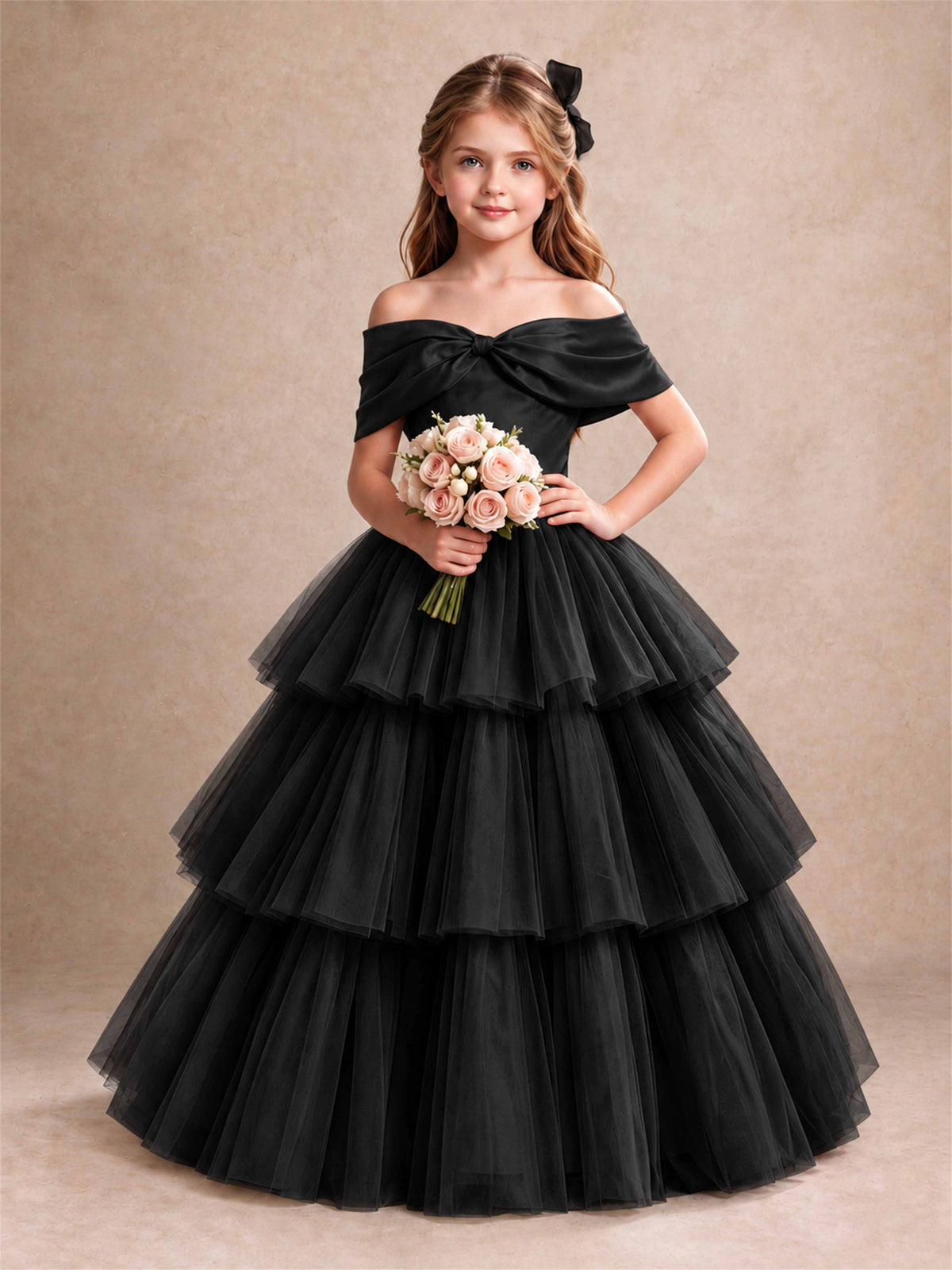 Off Shoulder Satin Bow Flower Girl Dress Tiered Ruffle Tulle Floor Length Wedding Pageant Gown
