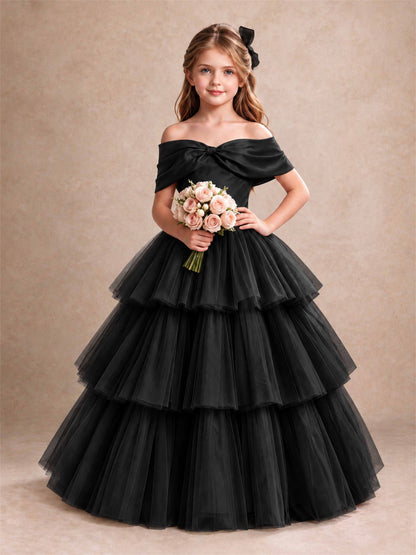 Off Shoulder Satin Bow Flower Girl Dress Tiered Ruffle Tulle Floor Length Wedding Pageant Gown