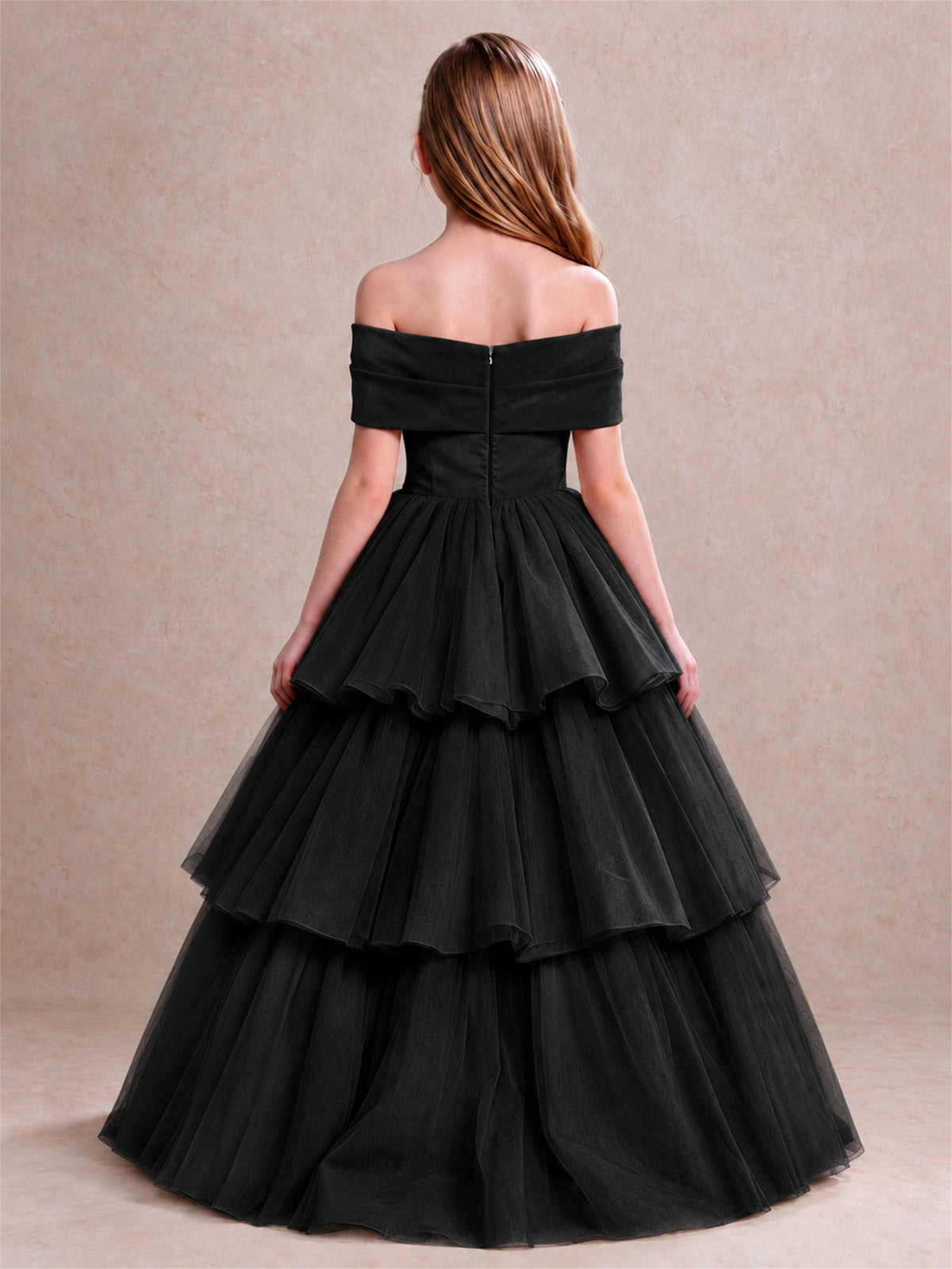 Off Shoulder Satin Bow Flower Girl Dress Tiered Ruffle Tulle Floor Length Wedding Pageant Gown