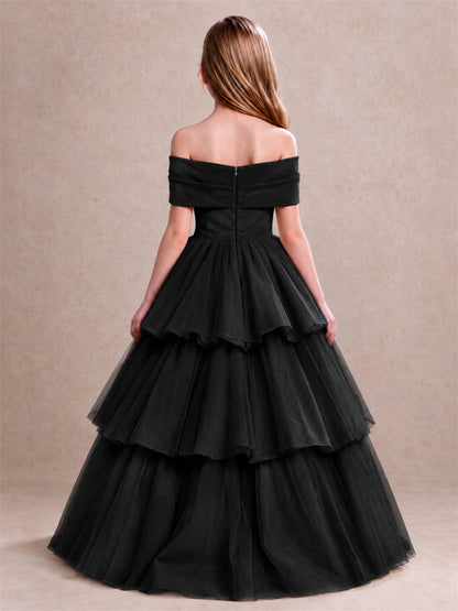 Off Shoulder Satin Bow Flower Girl Dress Tiered Ruffle Tulle Floor Length Wedding Pageant Gown