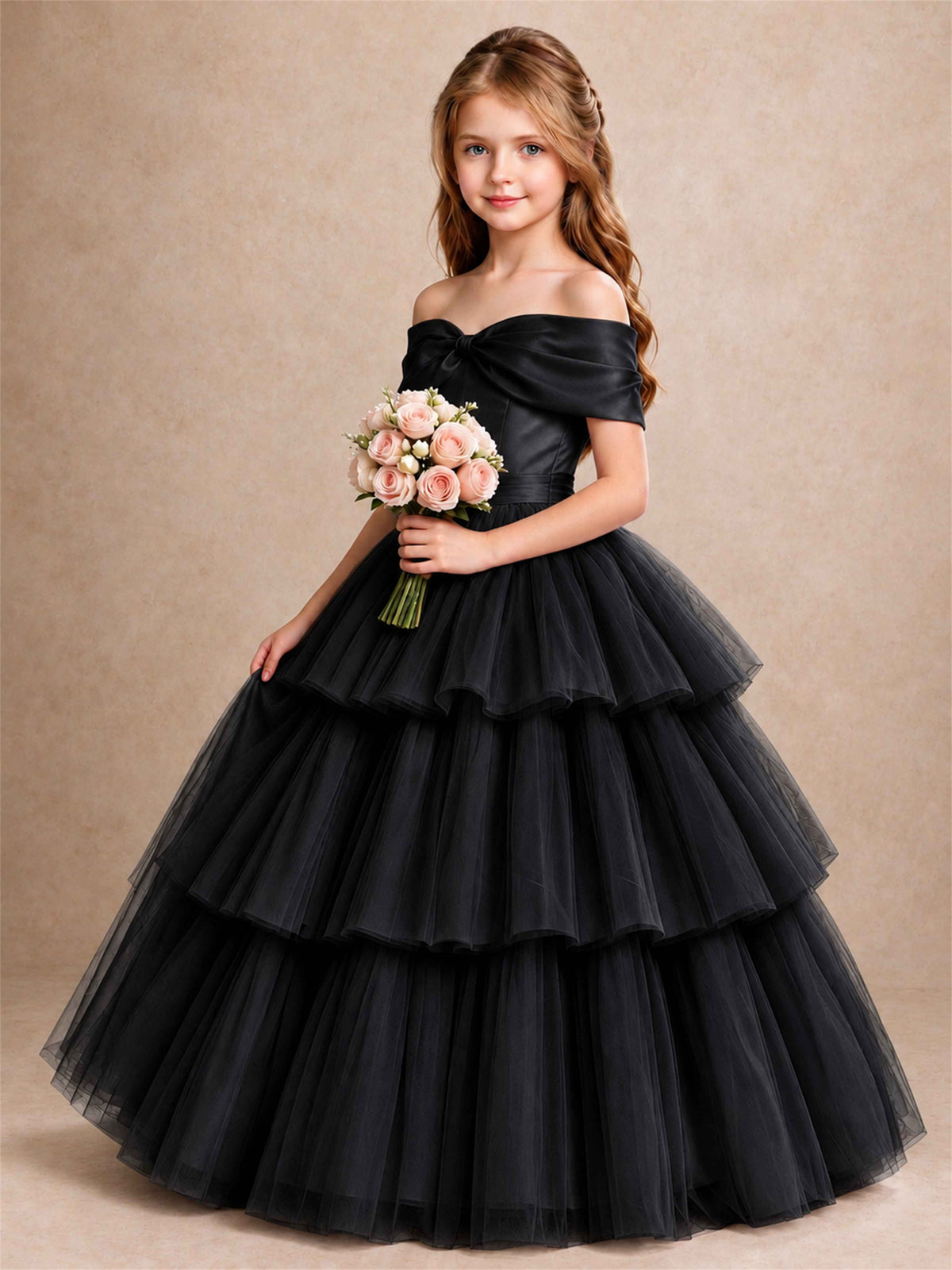 Off Shoulder Satin Bow Flower Girl Dress Tiered Ruffle Tulle Floor Length Wedding Pageant Gown