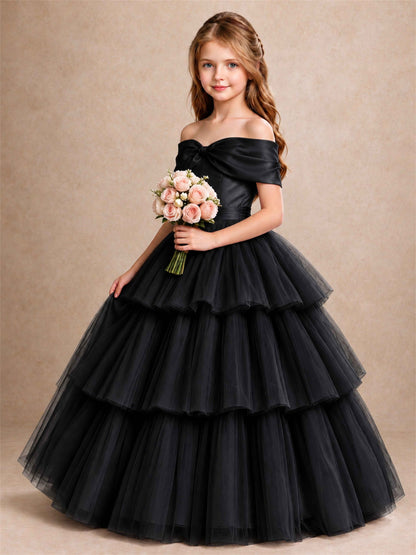 Off Shoulder Satin Bow Flower Girl Dress Tiered Ruffle Tulle Floor Length Wedding Pageant Gown
