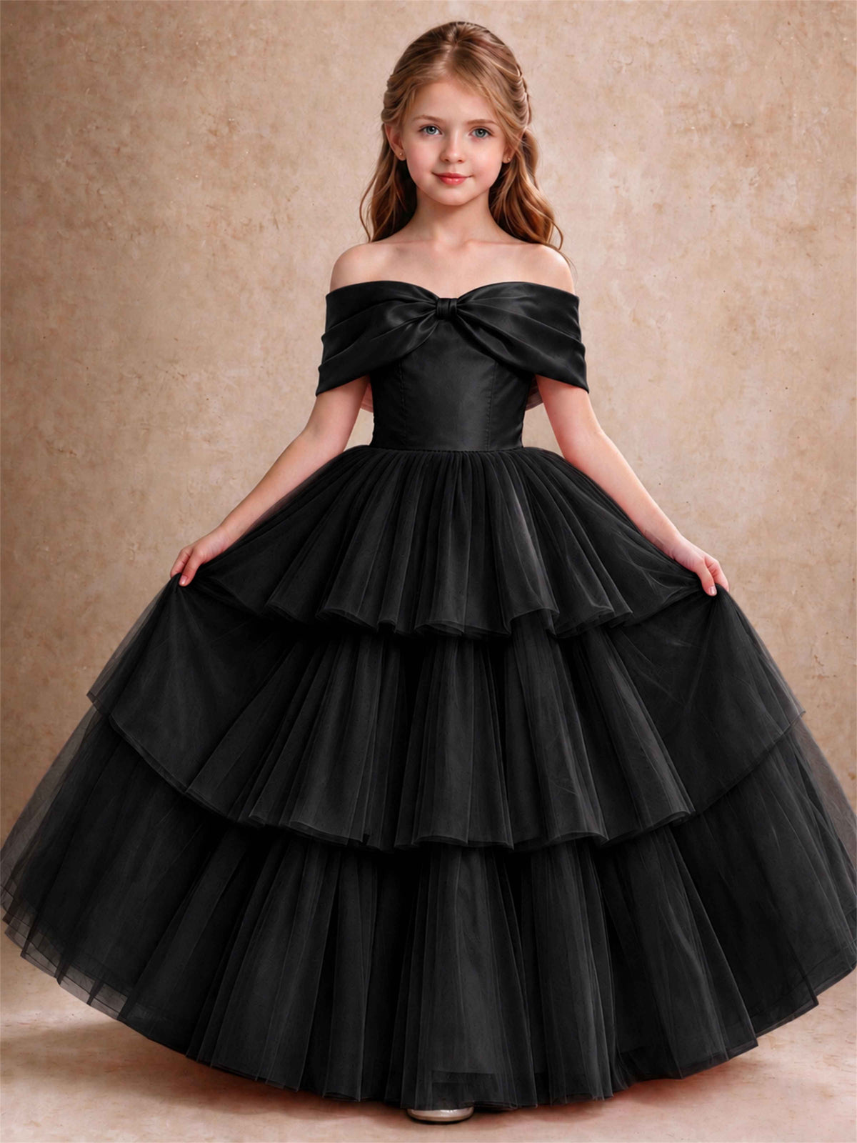 Off Shoulder Satin Bow Flower Girl Dress Tiered Ruffle Tulle Floor Length Wedding Pageant Gown