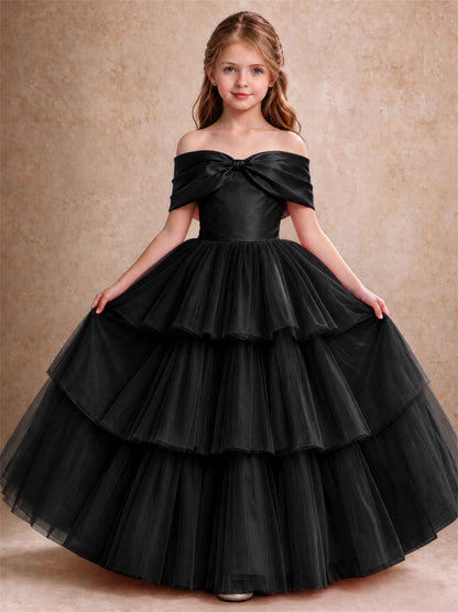 Off Shoulder Satin Bow Flower Girl Dress Tiered Ruffle Tulle Floor Length Wedding Pageant Gown