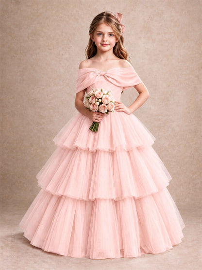 Off Shoulder Satin Bow Flower Girl Dress Tiered Ruffle Tulle Floor Length Wedding Pageant Gown