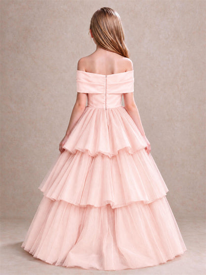 Off Shoulder Satin Bow Flower Girl Dress Tiered Ruffle Tulle Floor Length Wedding Pageant Gown