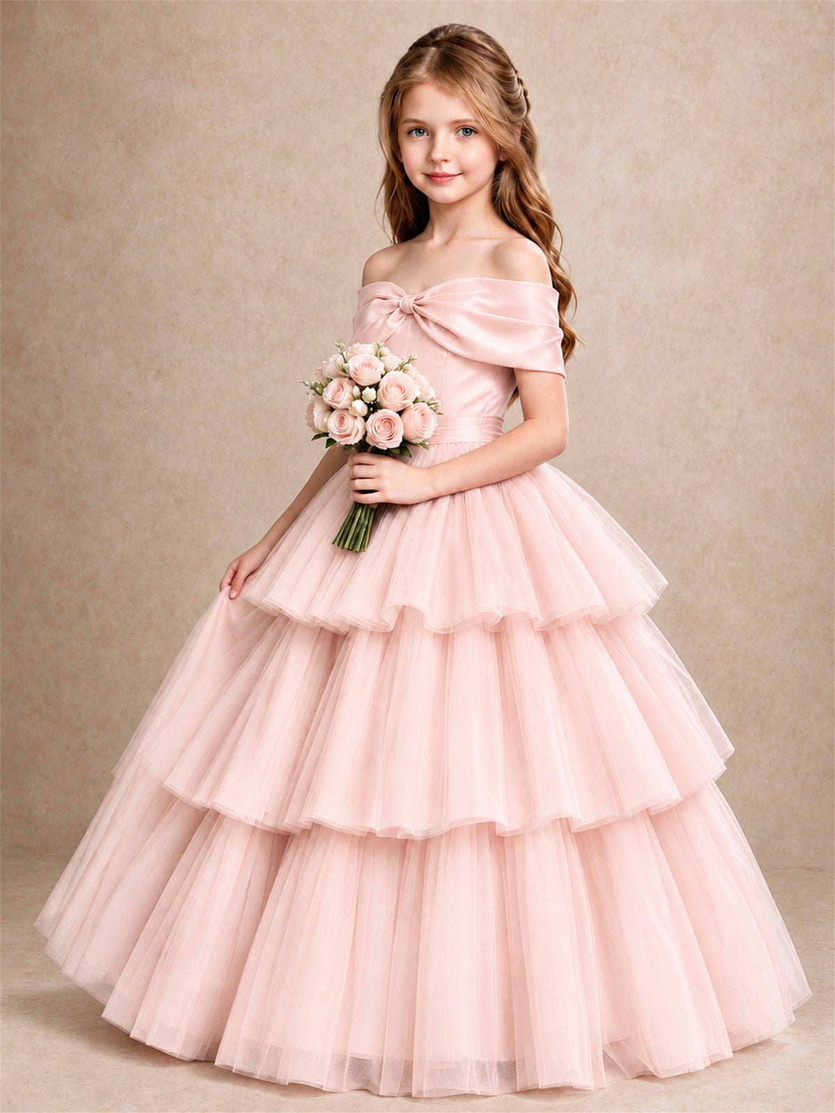 Off Shoulder Satin Bow Flower Girl Dress Tiered Ruffle Tulle Floor Length Wedding Pageant Gown