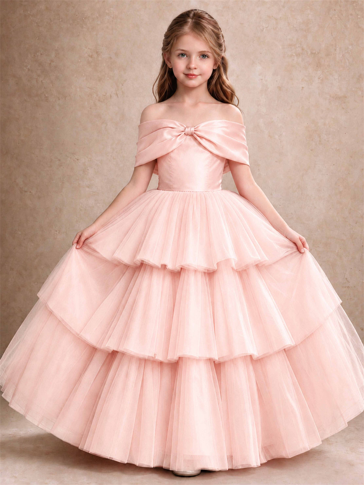 Off Shoulder Satin Bow Flower Girl Dress Tiered Ruffle Tulle Floor Length Wedding Pageant Gown