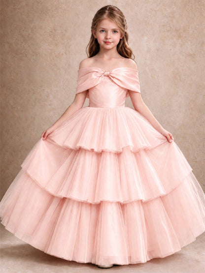 Off Shoulder Satin Bow Flower Girl Dress Tiered Ruffle Tulle Floor Length Wedding Pageant Gown