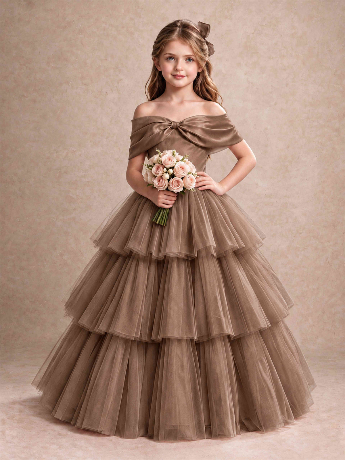 Off Shoulder Satin Bow Flower Girl Dress Tiered Ruffle Tulle Floor Length Wedding Pageant Gown