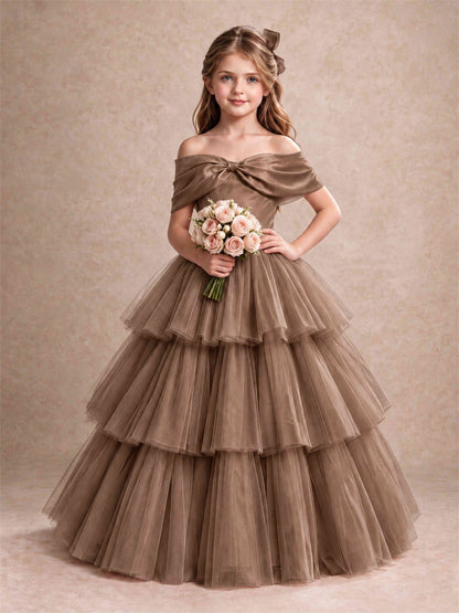 Off Shoulder Satin Bow Flower Girl Dress Tiered Ruffle Tulle Floor Length Wedding Pageant Gown