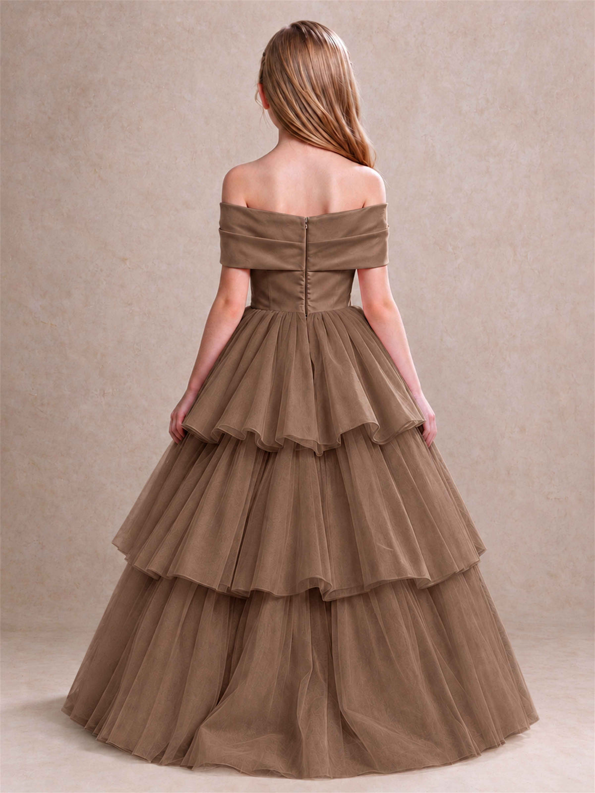 Off Shoulder Satin Bow Flower Girl Dress Tiered Ruffle Tulle Floor Length Wedding Pageant Gown