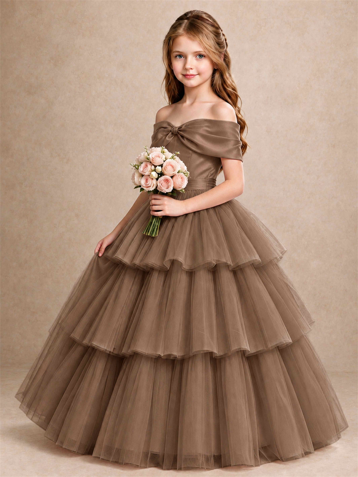 Off Shoulder Satin Bow Flower Girl Dress Tiered Ruffle Tulle Floor Length Wedding Pageant Gown