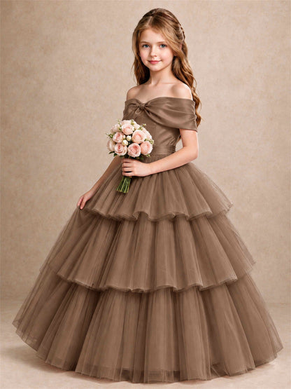 Off Shoulder Satin Bow Flower Girl Dress Tiered Ruffle Tulle Floor Length Wedding Pageant Gown