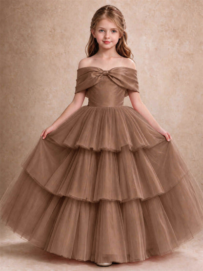 Off Shoulder Satin Bow Flower Girl Dress Tiered Ruffle Tulle Floor Length Wedding Pageant Gown