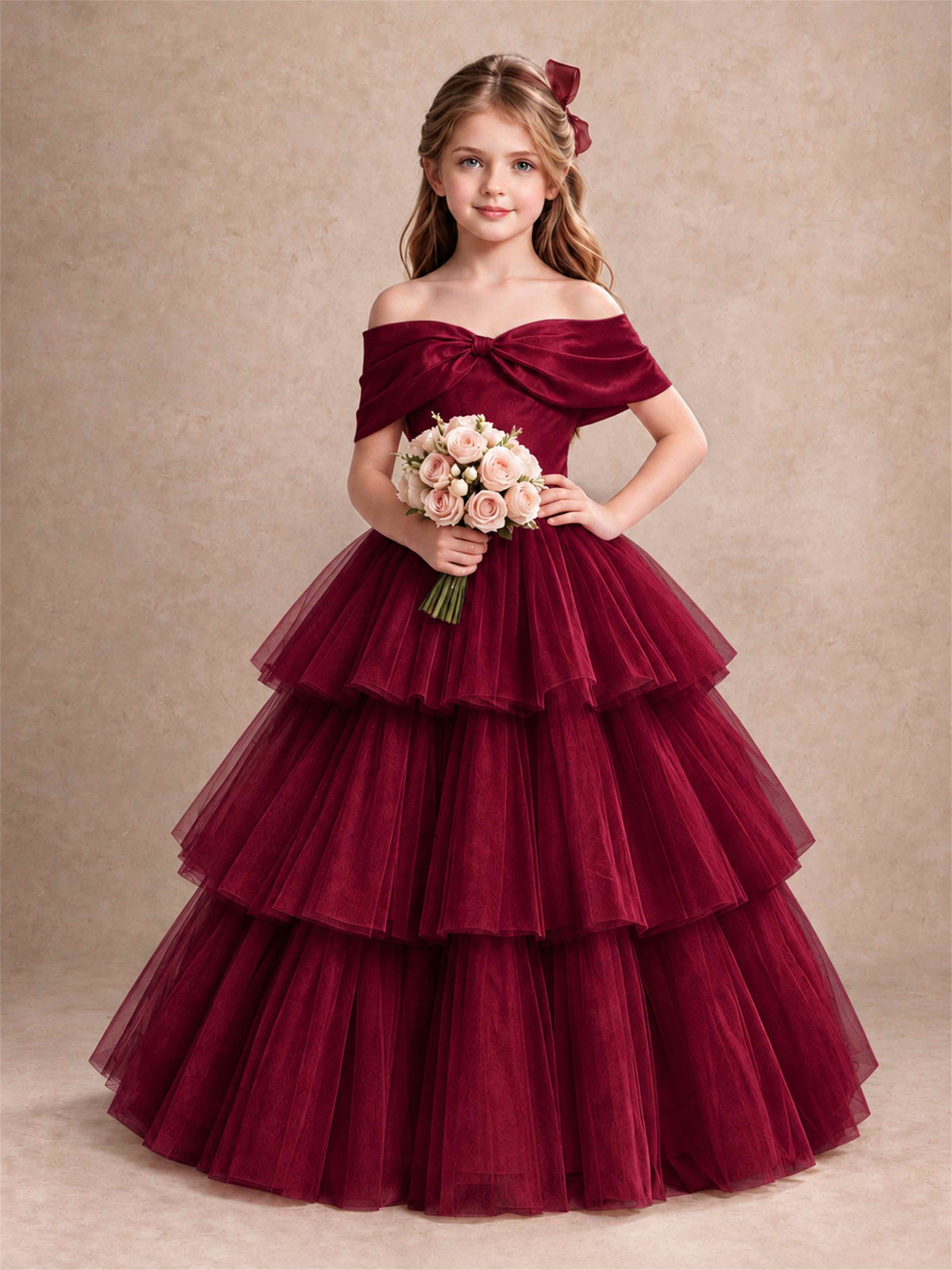 Off Shoulder Satin Bow Flower Girl Dress Tiered Ruffle Tulle Floor Length Wedding Pageant Gown