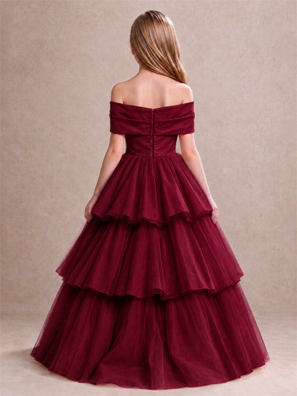 Off Shoulder Satin Bow Flower Girl Dress Tiered Ruffle Tulle Floor Length Wedding Pageant Gown