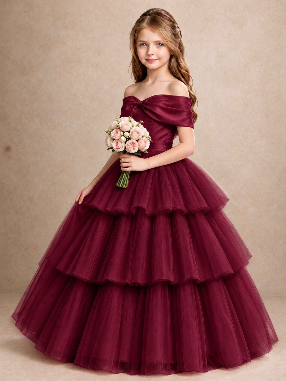 Off Shoulder Satin Bow Flower Girl Dress Tiered Ruffle Tulle Floor Length Wedding Pageant Gown