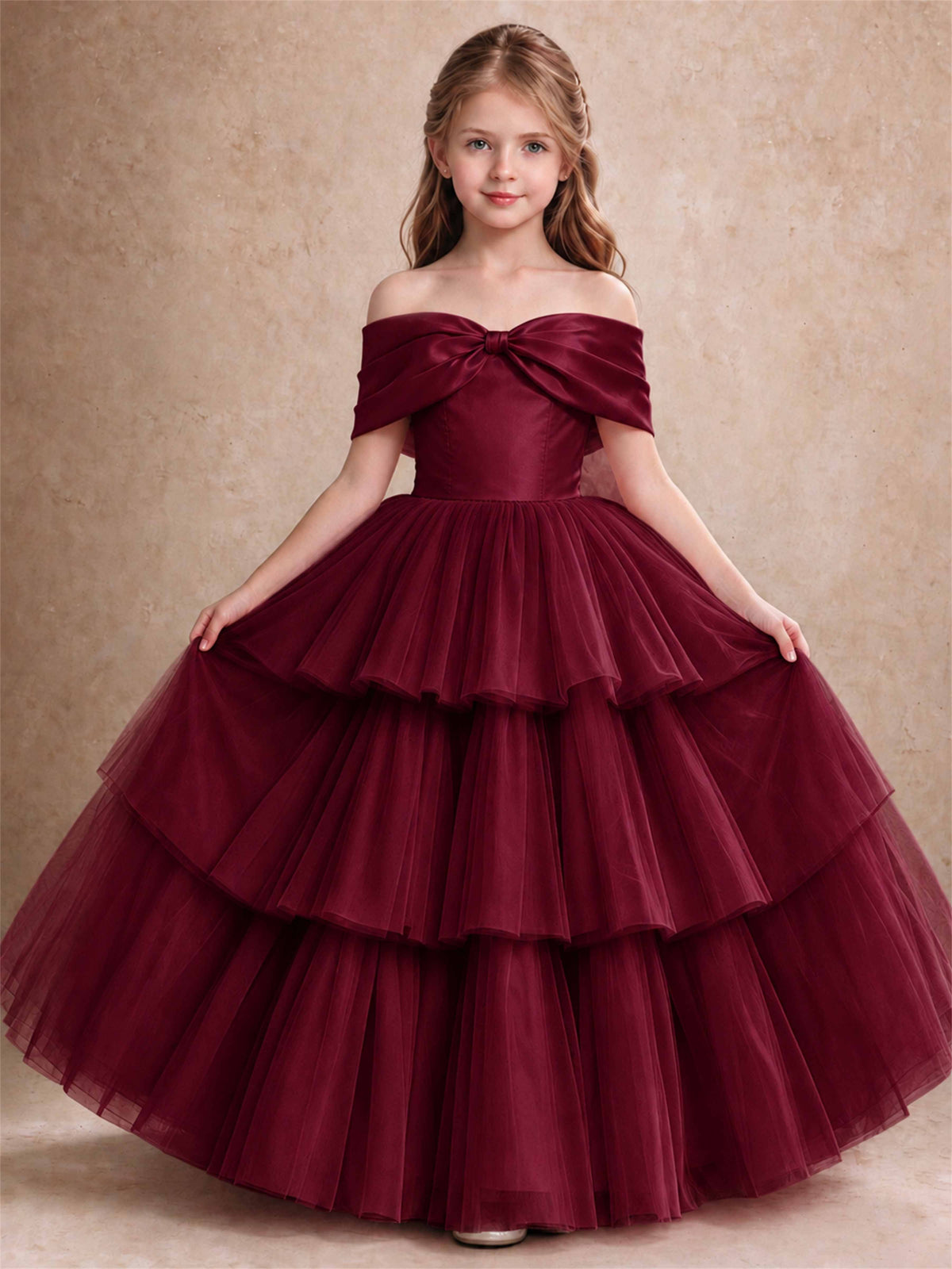 Off Shoulder Satin Bow Flower Girl Dress Tiered Ruffle Tulle Floor Length Wedding Pageant Gown