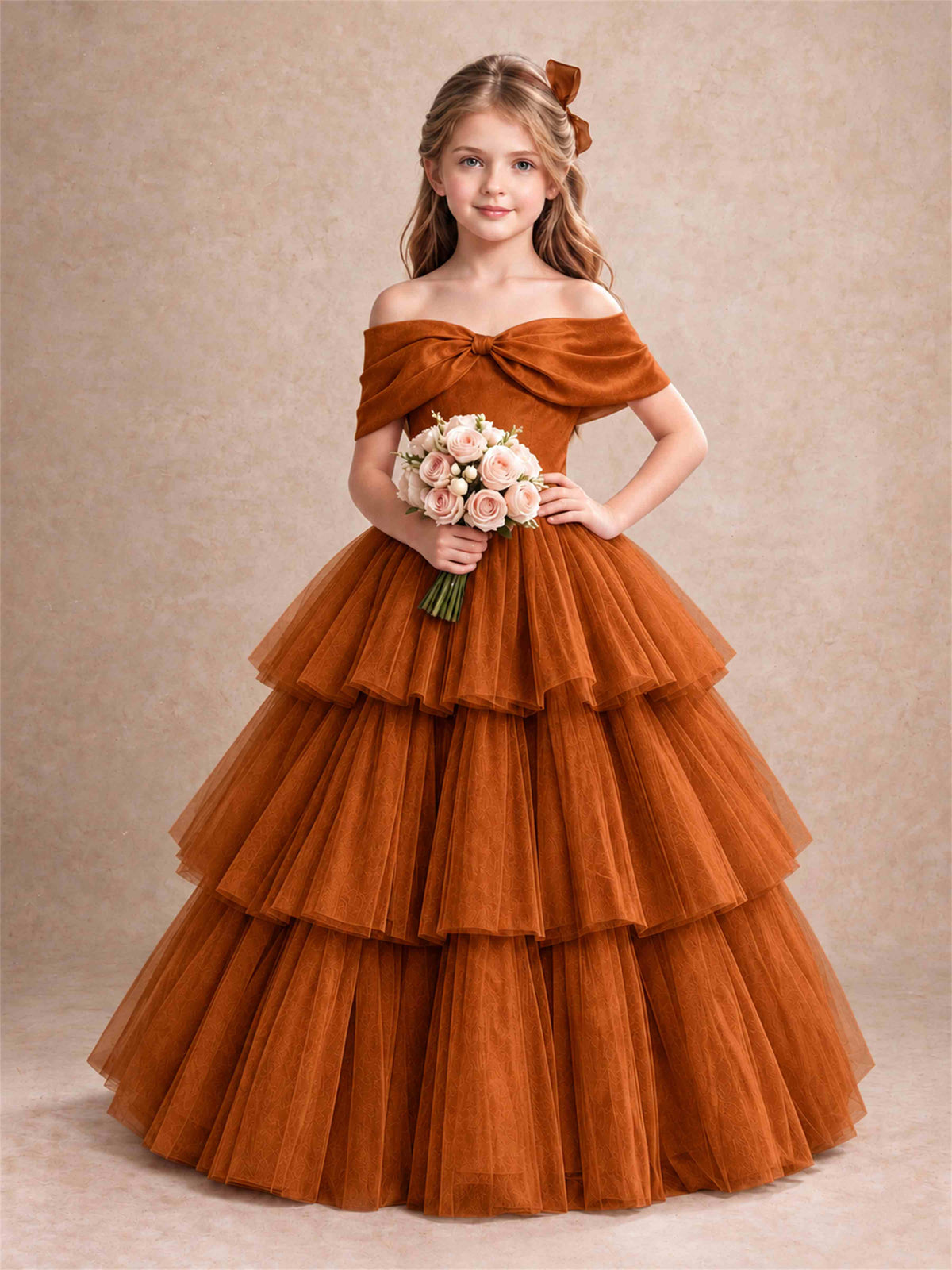 Off Shoulder Satin Bow Flower Girl Dress Tiered Ruffle Tulle Floor Length Wedding Pageant Gown
