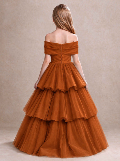 Off Shoulder Satin Bow Flower Girl Dress Tiered Ruffle Tulle Floor Length Wedding Pageant Gown