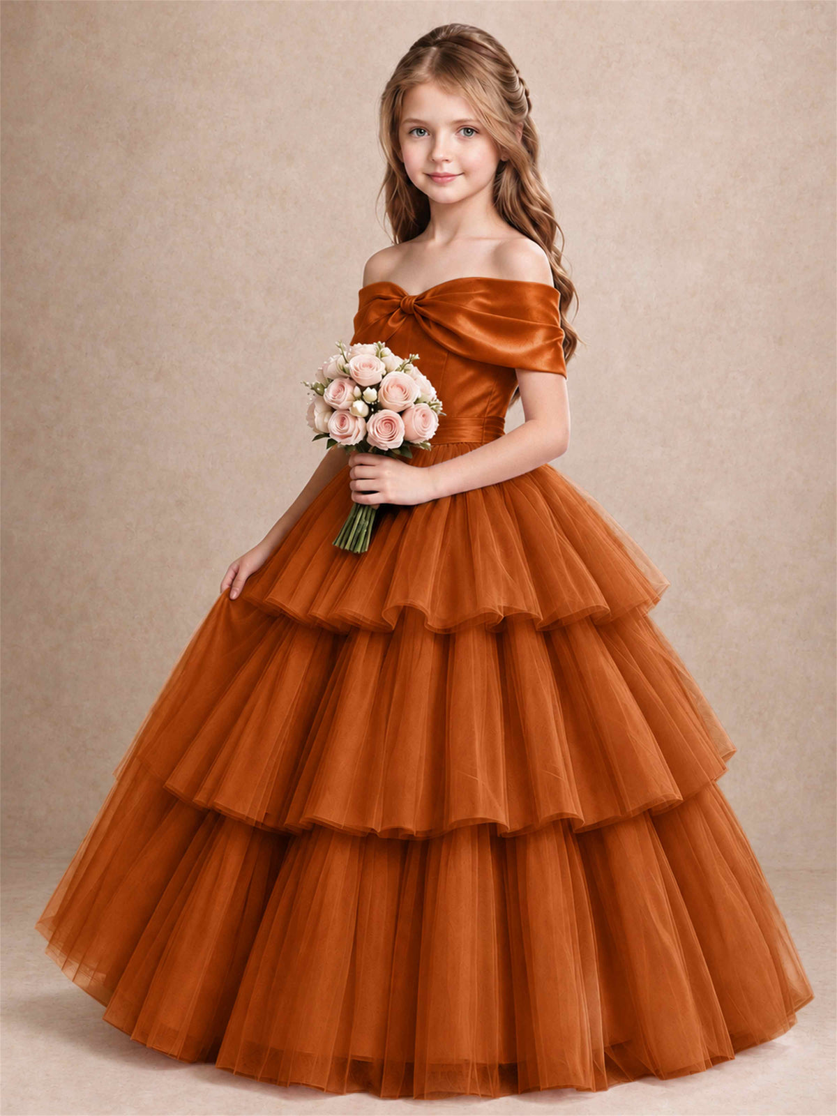Off Shoulder Satin Bow Flower Girl Dress Tiered Ruffle Tulle Floor Length Wedding Pageant Gown